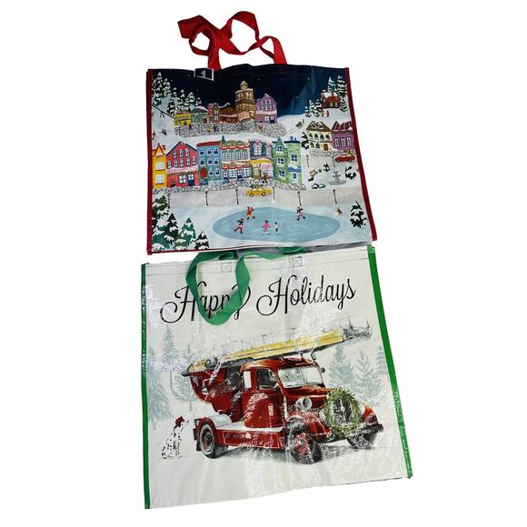 Christmas Reusable Tote Bag Lot Of 2 Happy Holidays & Christmas Town - Picture 1 of 9